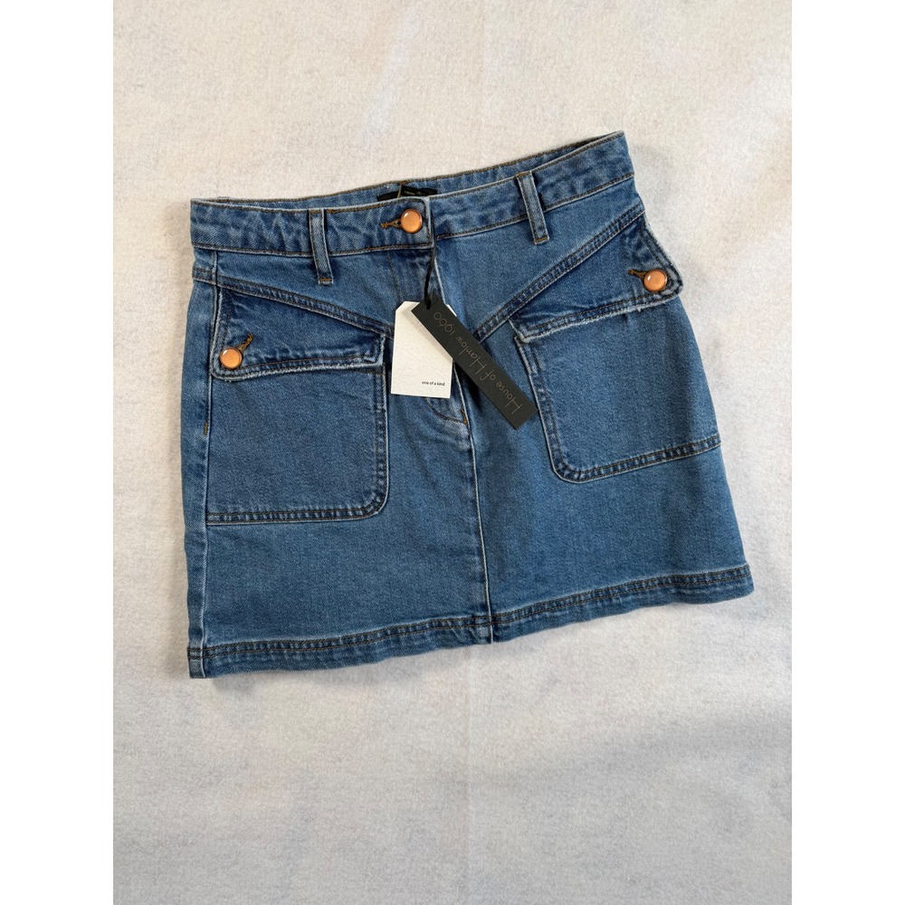House of Harlow 1960 Denim Mini Skirt Blue High Waist Patch Pocket Size 2 NEW